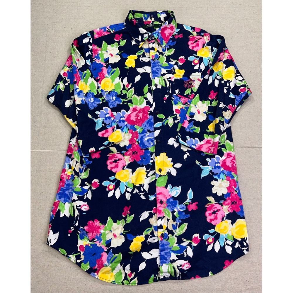 Lauren Ralph Lauren Women's Large Navy Blue Floral Cotton Button Down Shirt LRL